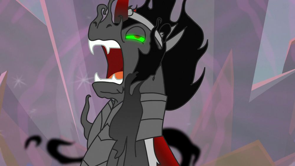 A screenshot of King Sombra screaming as he disintegrates. 