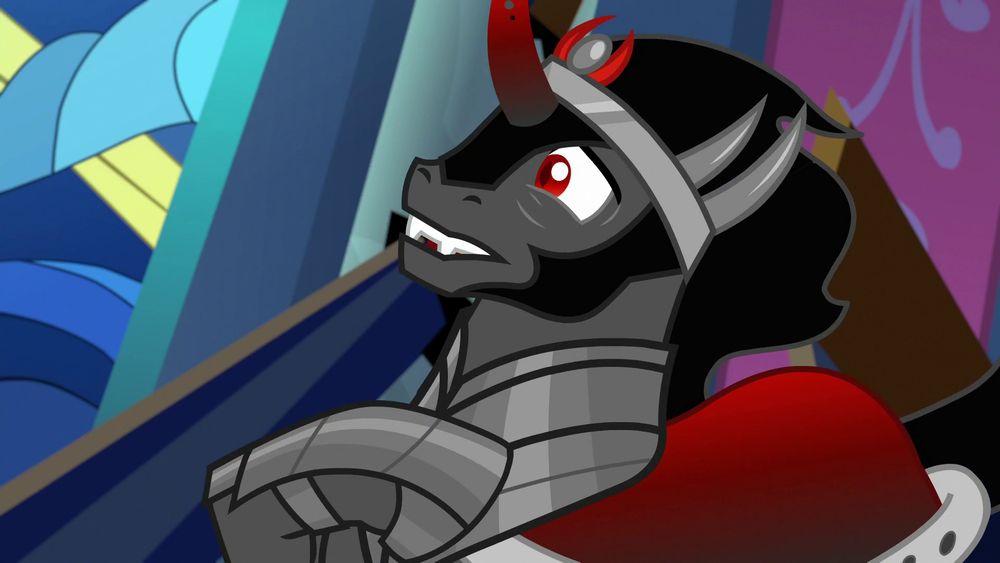 A screenshot of King Sombra looking fearful and tense. He clutches his hoof to his chest