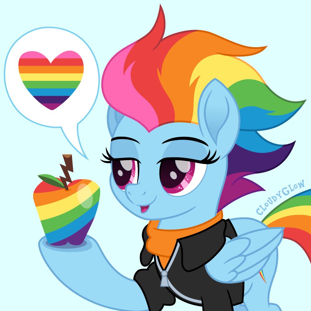 A 2017 movie style illustration of Rainbow Dash talking with her eyes lowered suggestively. In the speech bubble is a large heart in the eight striped colors of the Gilbert Baker Pride flag. She holds up a zap apple on her hoof. Her mane is in the blown back style seen in the finale future but with added stripes of pink and violet. She wears a black jacket with the sleeves rolled up. Under the jacket is an orange shirt.