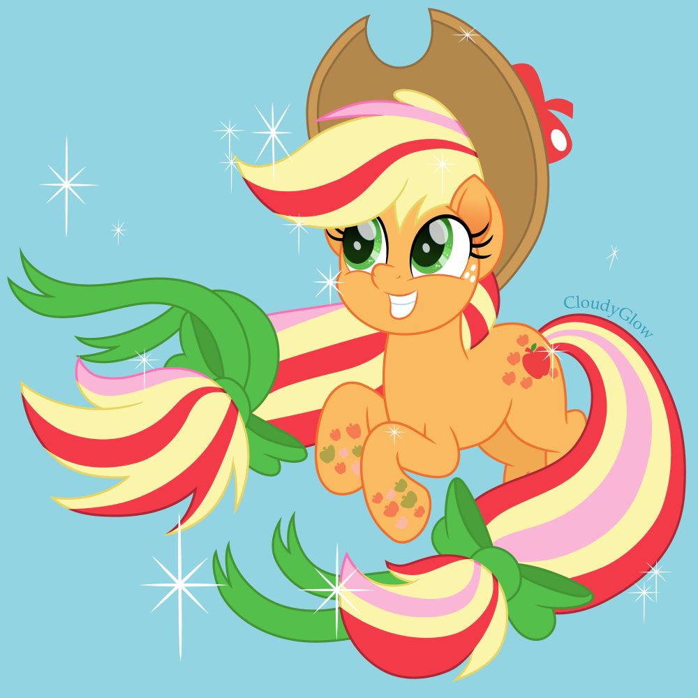 A very happy Applejack with a large grin on her face floating midair with the help of Rainbow Power. Her extra long mane and tail flow towards the left and are tied with large green ribbons. Her hair has pink and red streaks of color in them. Her cutie mark is altered into one large red apple with smaller ones around it. On her legs are small and faded green, red, and pink apples. Her hat is edged with extra detail and topped with a red apple. Behind her is a light blue background and in front of her are many white sparkles.