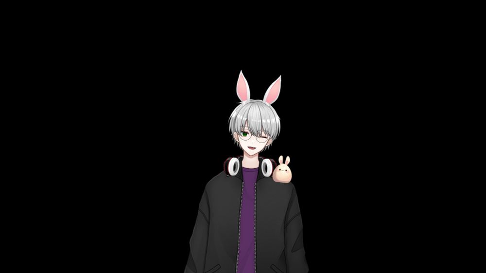 Vrykerion: a silver haired bunny boy wearing headphones. A small blob of a white rabbit on his shoulder.
