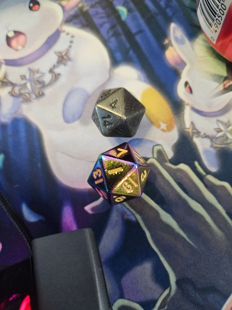 A chromatic rainbow dice after rolling a natural one. 