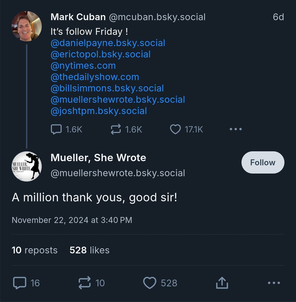 One of the accounts shouted out in the quoted post responding with "A million thank yous, good sir!"