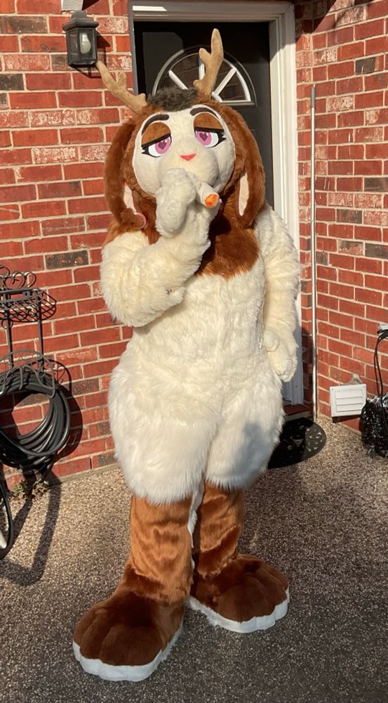Cupid the jackalope as a fullsuit standing in the backyard facing the camera and holding a blush blunt to his mouth