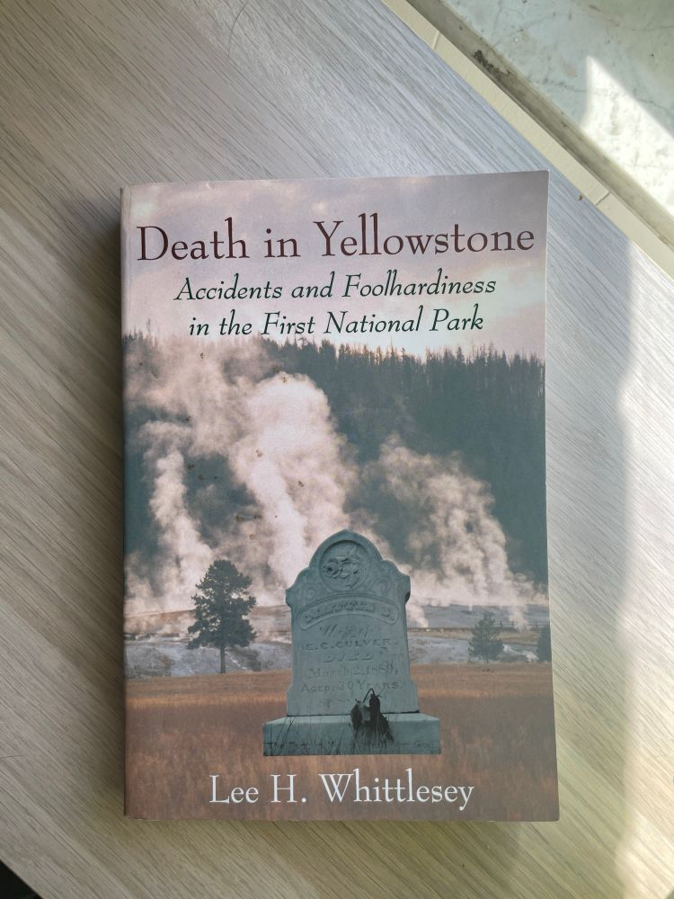 Death in Yellowstone by Lee H. Whittlesey rests on a shadowed wooden shelf. The cover features a photo of a tombstone with wooded mountains in the background. 