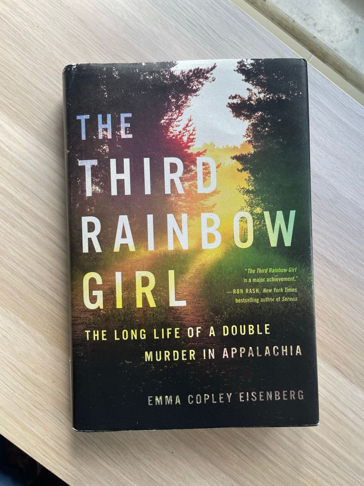 The Third Rainbow Girl by Emma Copeley Eisenberg rests on top of a wooden shelf. The cover features a photo of a rural road through a forest.