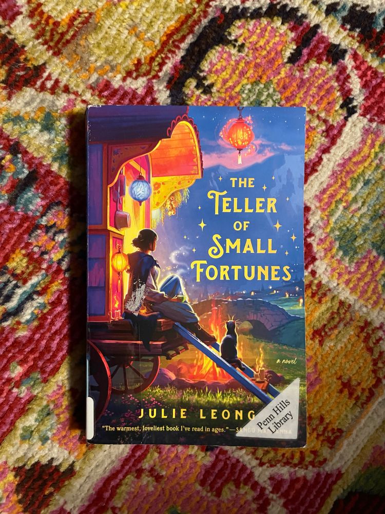 The Teller of Small Fortunes by Julie Leong rests on a pink floral rug. The cover features an illustration of a young woman in a blue cloak sitting on the steps of a small brightly painted wagon. A cat sits on the steps below her.