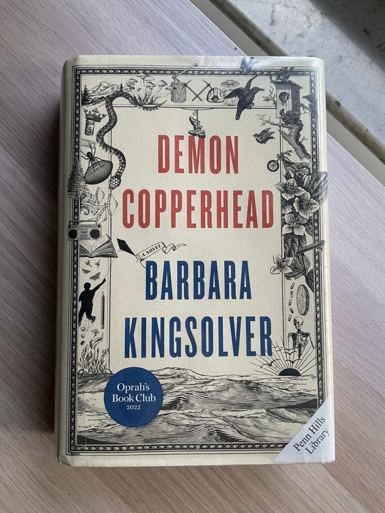 Demon Copperhead by Barbara Kingsolver rests on a wooden shelf.