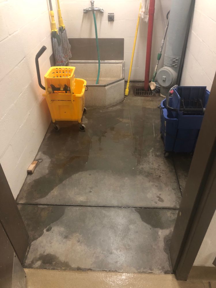 Filthy sewage backed up into a dirty mop room