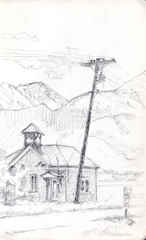 Pencil sketch of a telephone pole in front of an abandoned church in the middle ground, with mounts in the background. The cross of the telephone pole is approximately in the upper right portion of the golden mean segment of a vertical rectangle with the church in the lower left portion. 