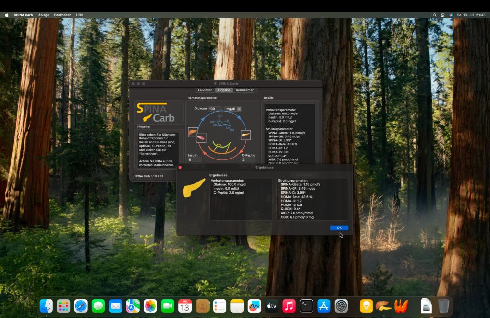 Screenshot of SPINA Carb 5.1.0 Cycline on macOS 15.5 Sequoia, showing two Windows (entry and results).