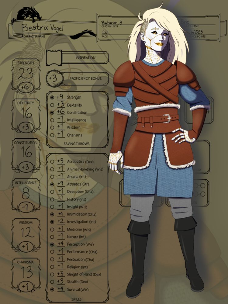 Beatrix Vogel, a D&D character from the Deadly Dolls campaign! She’s a doll made of broken porcelain repaired with gold. She wears a blue tunic and leather armor, and stands with one hand on her hip in front of her character sheet. She has long pale blonde hair that’s shaved on one side.