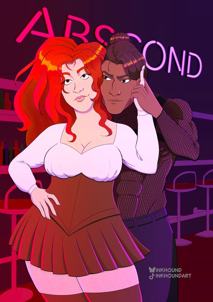 Ornella and Cyrus from J.W. Gilberts debut novel The Potentilla Heart. Ornella is curvy with a lot of thick orange hair wearing a simple white and brown dress, Cyrus is standing behind her holding his head next to hers with both of their hands held together at the side of his face. Behind them is a neon sign that reads ABSCOND.

https://linktr.ee/J.W.Gilberts