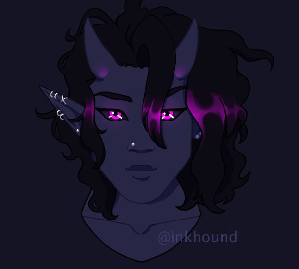 Amphitere. A man with dark gray-purple skin with short horns and wavy black hair. He has several silver piercings in his ear and one nose stud. He also has long wavy black hair that goes down to the base of his neck and curls around his face. His eyes glow bright purple in contrast to the otherwise de-saturated image.