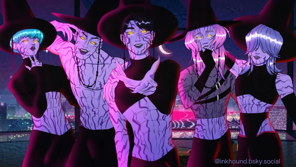 The Saja boys stand looking at the viewer. All of them in their demon forms and wearing alternate (and revealing) black outfits. The order (L —> R) goes Baby, Abby, Jinu, Romance, and Mystery. Jinu stand with his hand stretched out towards the viewer.