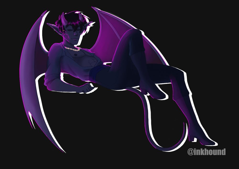 Amphitere. Pin up of a strix man with dark purple skin, dark hair, and large bat-like wings and short horns coming from his forehead. He wears a necklace of teeth, a dark open shirt, and dark pants that tie around his mid waist. Also wearing leather boots with about a 2 inch heel. He also has a long tail that flows under him.