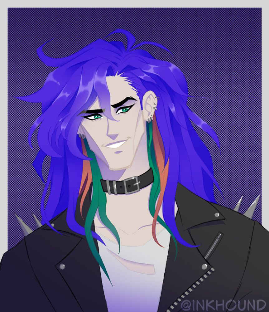Digital drawing of a man with pale skin, wearing a spiked leather jacket, torn white shirt, and a black leather collar. He has bright purple hair with orange and green streaks around his neck and bright green eyes.