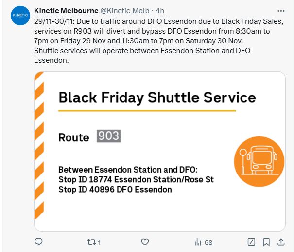 service disruption notice from Kinetic on the route 903 bus at DFO Essendon due to Black Friday sales
