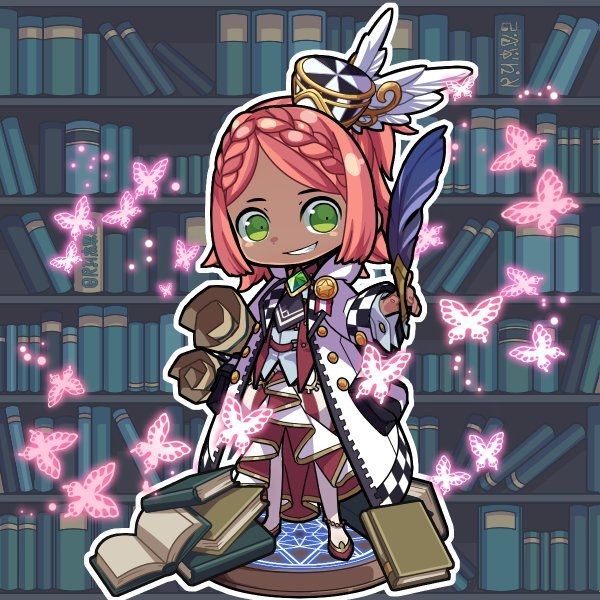 Picrew design of red hair Lexi with green eyes surrounded by books and pink butterflies, holding a quill