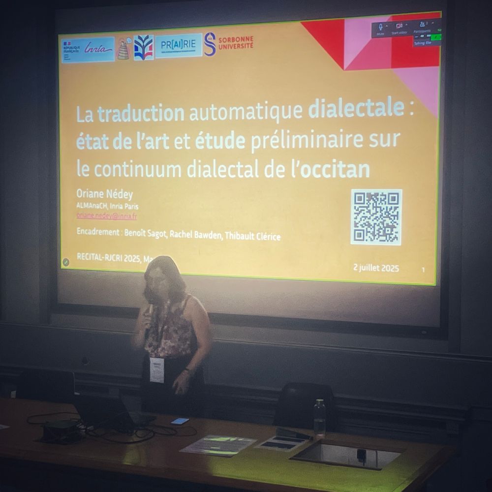 Oriane Nédey presenting, title slide "La traduction automatique dialectale : état de l'art et étude préliminaire sur le continuum dialectal de l'occitan"