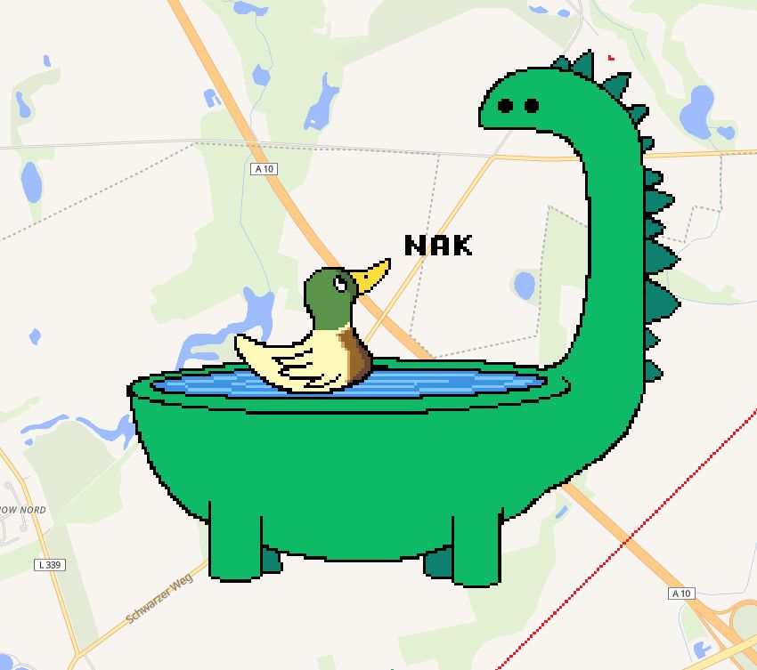 Ein Pixelart eines grünen Langhalsdinos in dessen Rücken ein kleiner See ist. Darin schwimmt eine Ente, die den Dino anschaut und Nak sagt. Der Dino schaut die Ente an. Das Artwork ist auf einer Karte ähnlich wie GoogleMaps.