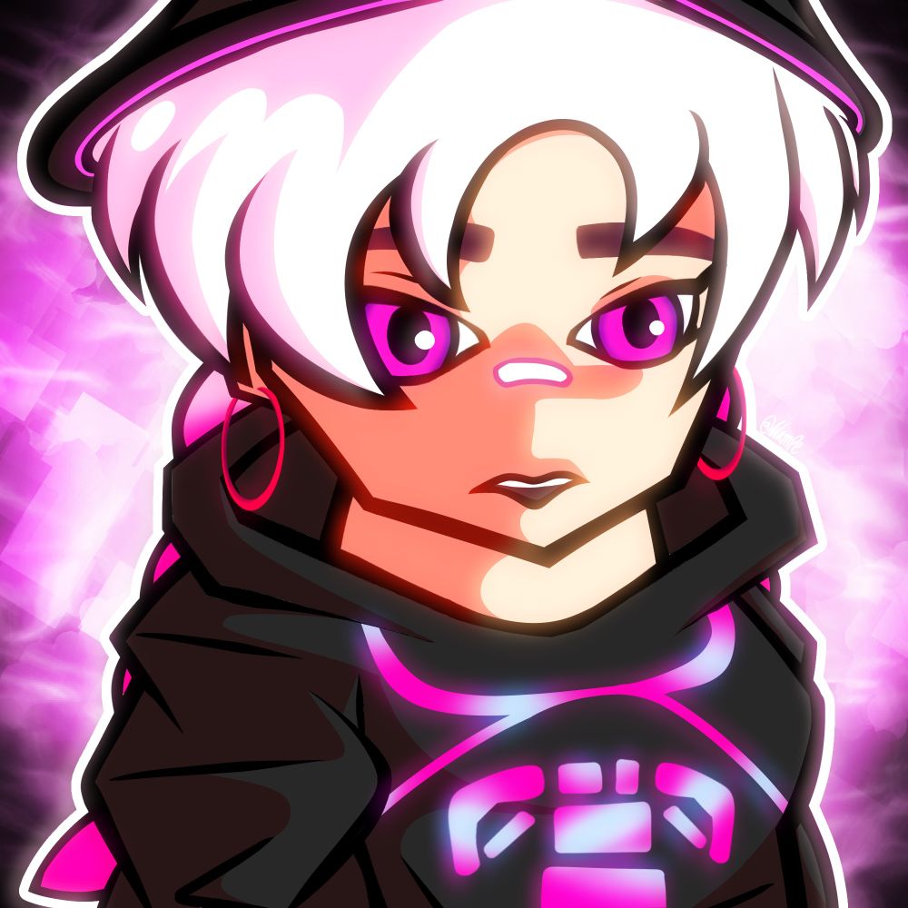 A fortnite skin I drew, she’s called Mae, and she’s from the chapter 4 season 4 battlepass. She has on a black hat, and a black hoodie. Her hair is white and splits into two braids, and she also has two red hoops for earrings. In the image shes kinda just lookin off in the distance.