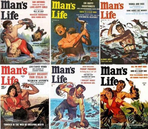 6 Man's Life magazine covers, man fighting off animals who want to rip him apart. 