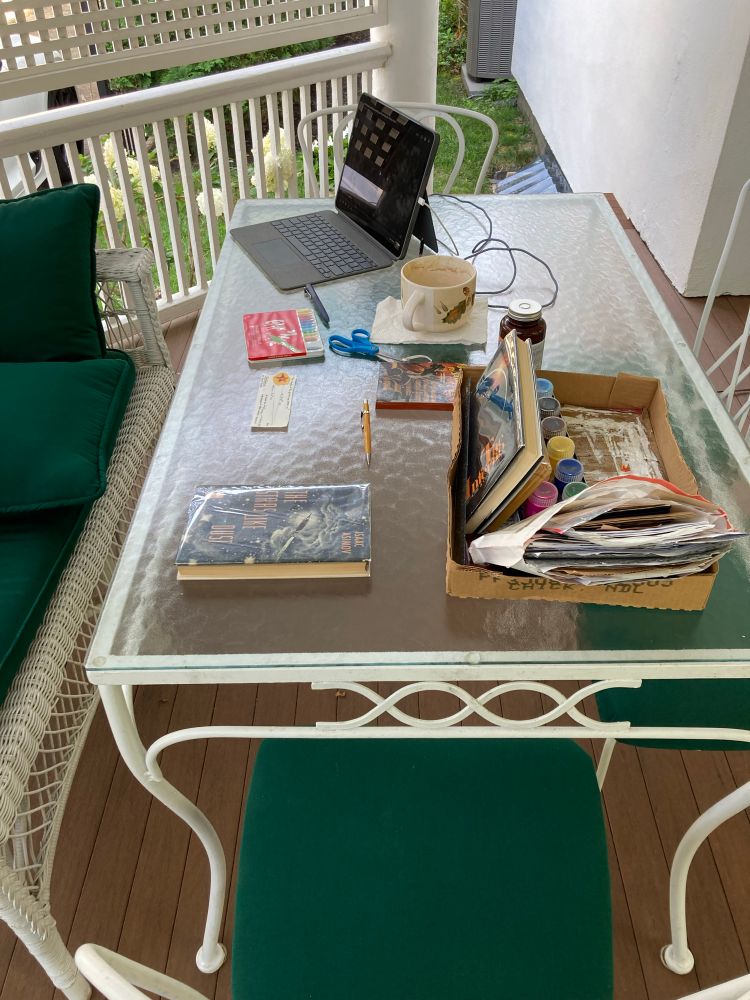sreading out on porch table 