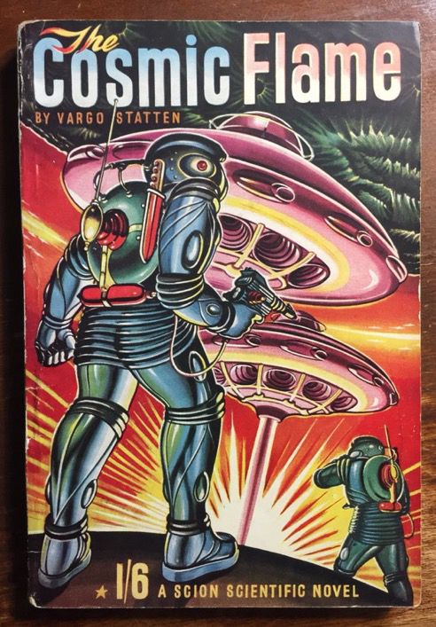 Two armed spacesuited individuals on black surface, two saucers above, one appears to the drilling into planet surface with laser-like flame. 