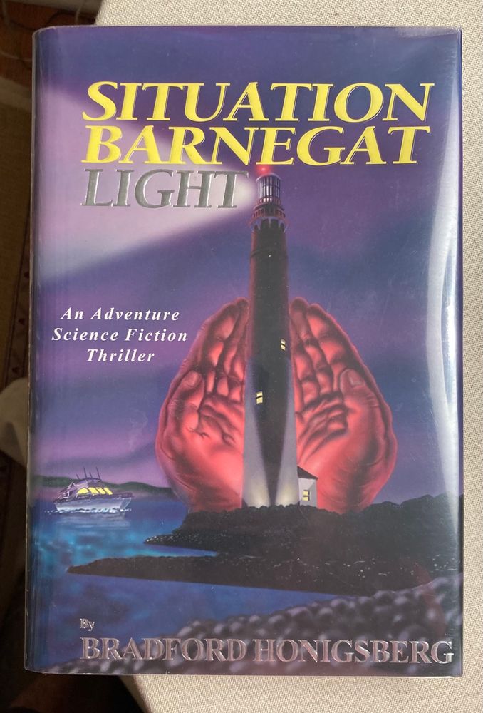 Lighthouse framed in two massive hands, boat