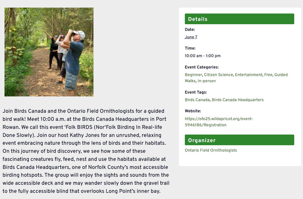 Screen capture of info page for the slow birding event, see the event site for the details 