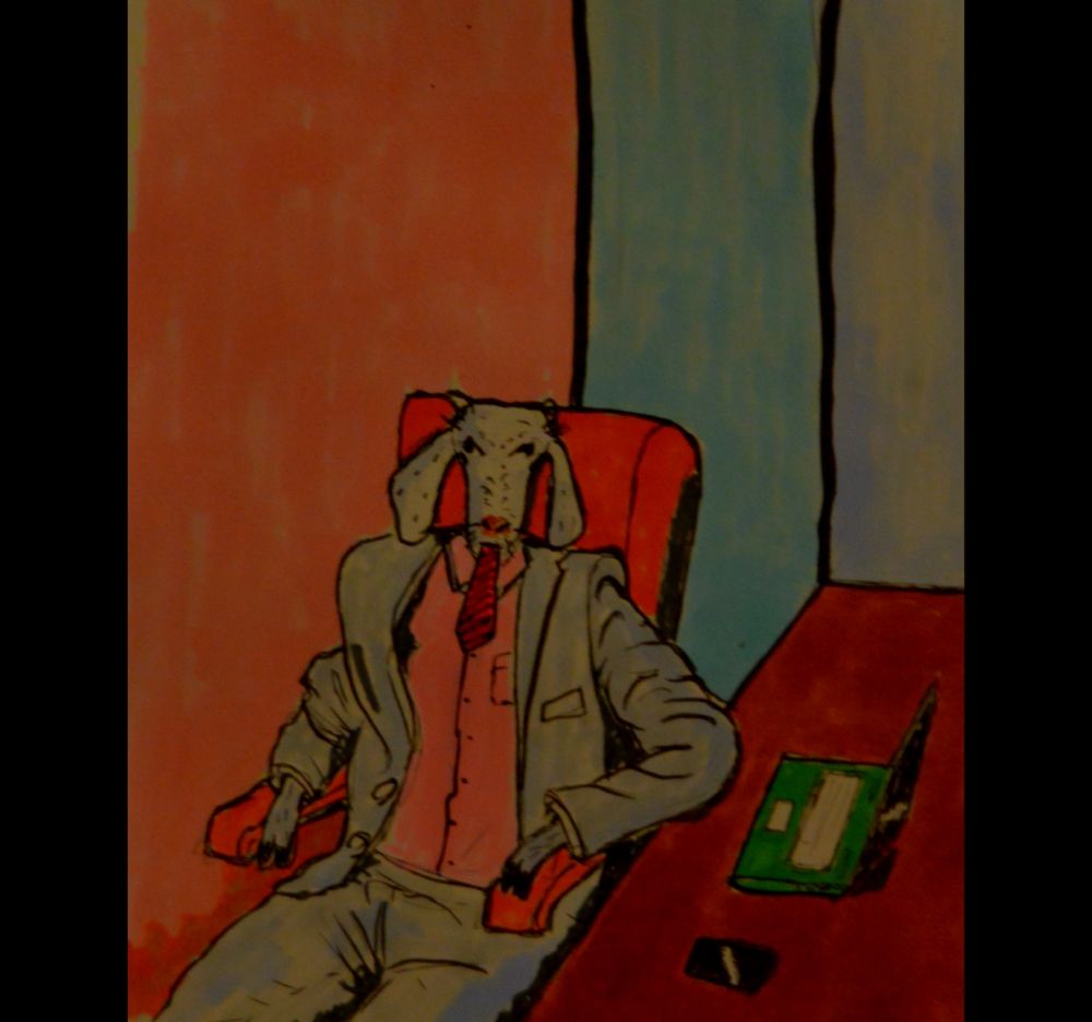 A pen and alcohol marker drawing. A goat in a suit sits at a desk looking up towards the viewer. There is a laptop and a mobile phone on the desk, and the goat is eating its tie.