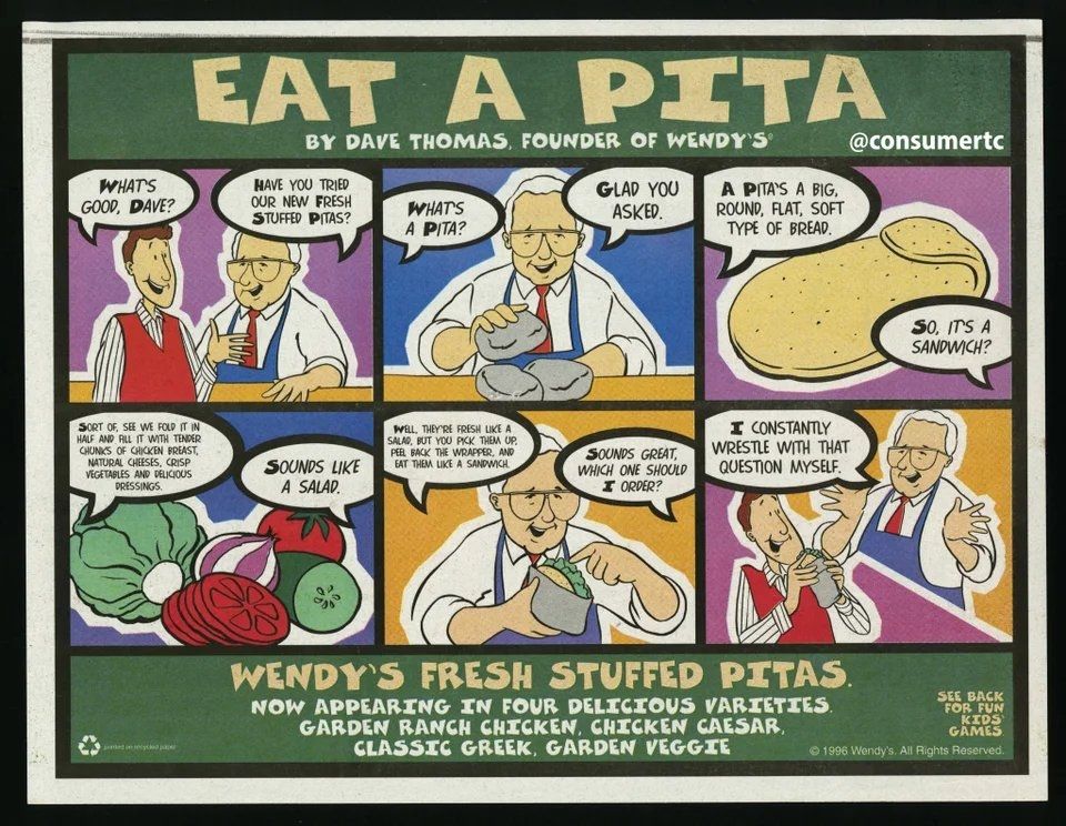 A Wendy's tray liner with a comic strip on which Dave Thomas explains to a man in a sweater vest what exactly a pita is