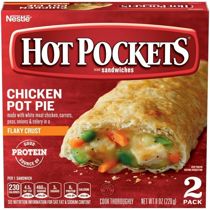 A red box with the image of a buttery, flaky hot pocket, opened at the end to reveal a melange of chicken, carrots, peas, and celery