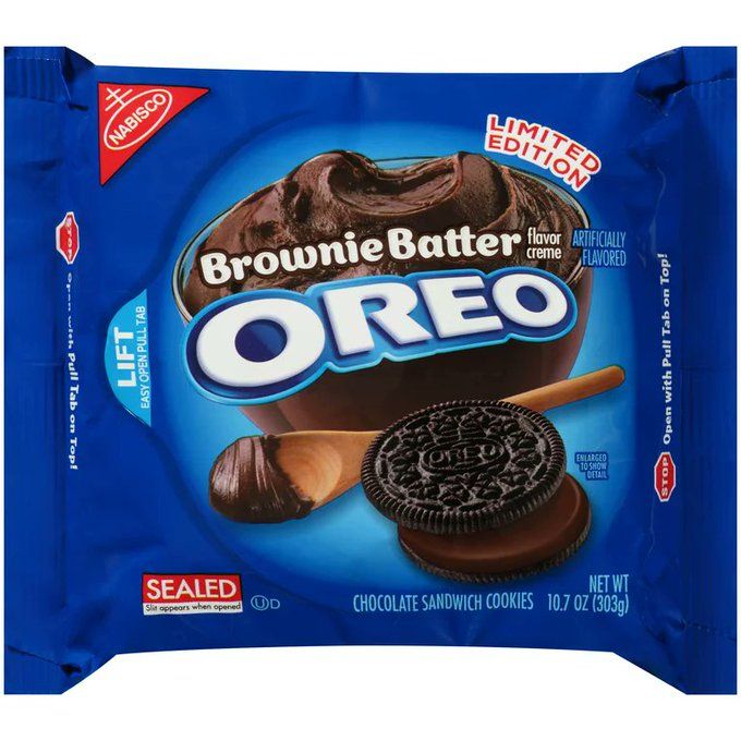 A blue Oreo cookie bag, with the image of a bowl of brownie batter and a wooden spoon