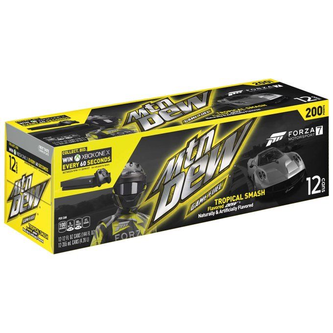 A black and yellow case of soda cans, with images of race car drivers and the Mtn Dew logo