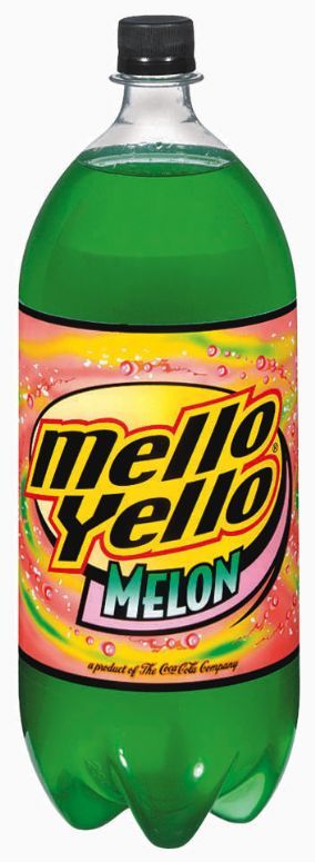 A 2-liter bottle of green soda, with a swirling pink, yellow, and green label 