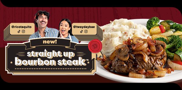A white plate with a round steak covered in cooked mushrooms and onions, flanked by mixed veggies and mashed potatoes. Next to the plate is an image of two people...a man with a mustache and a woman with two braids, both wearing blue striped shirts
