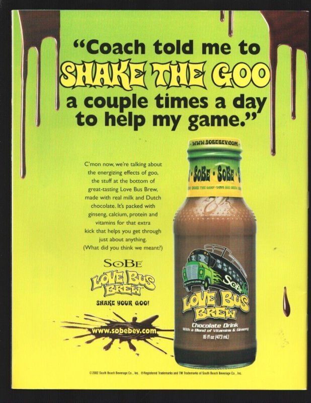A magazine ad for Sobe Love Bus Brew, with a picture of the glass bottle of chocolate drink, and the ad copy "Coach Told Me to Shake the Goo a couple times a day to help my game"