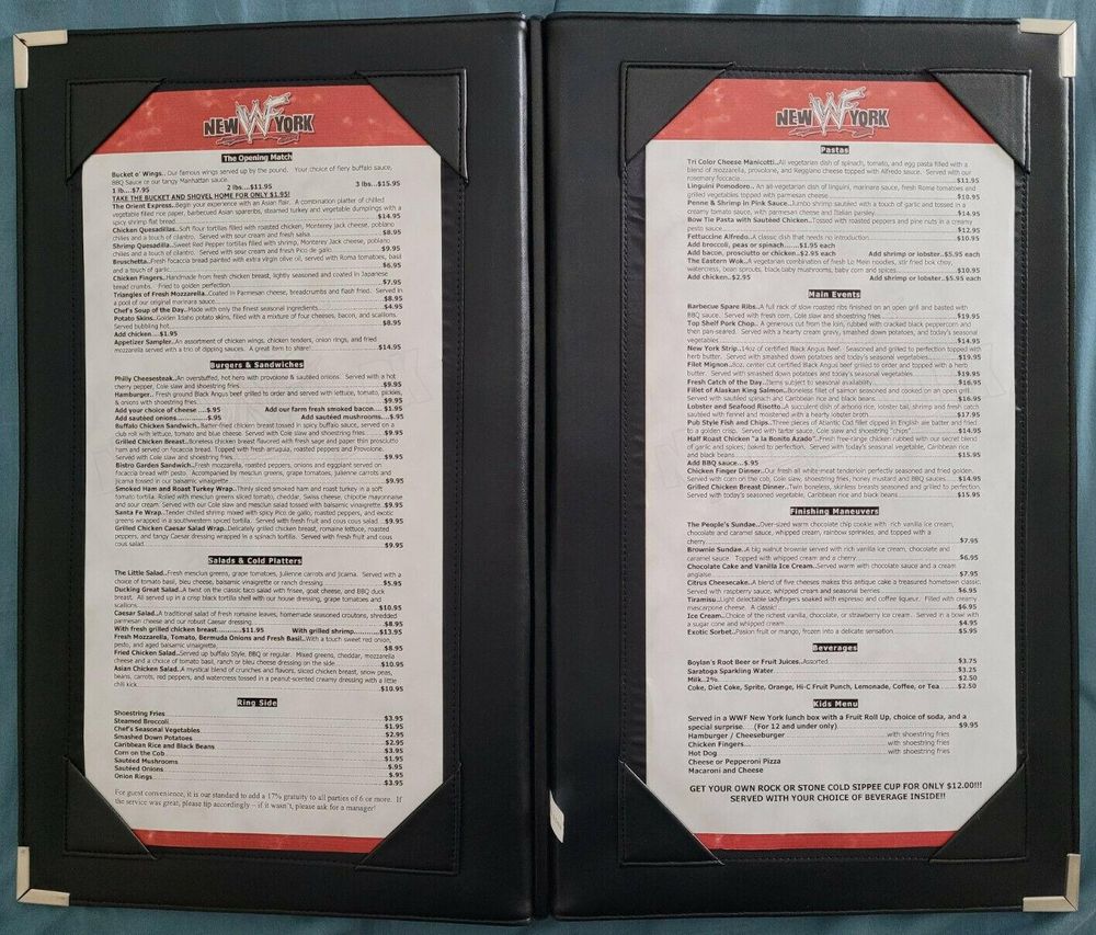 A menu from the WWF New York restaurant