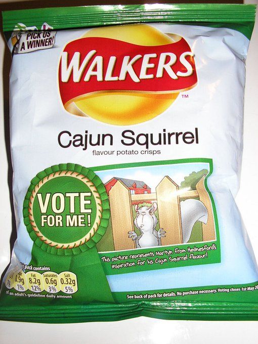 On a white crisp bag, below the Walker's logo, a grey squirrel peeks through a wooden fence, with an expression of equal parts dubious caution and resigned fear, next to a green "Vote for Me!" ribbon 