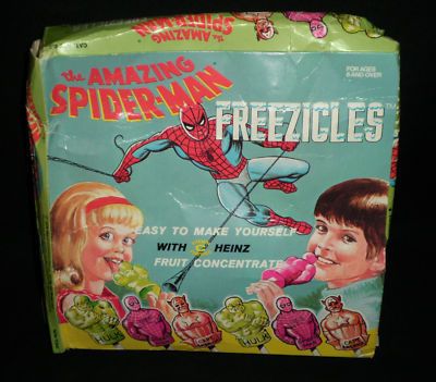 Two children hold up popsicles shaped like Marvel heroes. Spider-Man swings down from above on webs. At the bottom are a line of popsicles shaped like the torsos of Hulk, Spider-Man, and Captain America