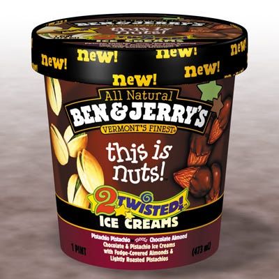 A brown ice cream pint, labeled "this is nuts!", adorned with a cascade of falling pistachios on the left side, and almonds dipped in chocolate on the other