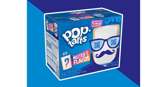 Against a light blue and dark blue background sits a blue Pop-Tarts box. On the box is the image of a Pop Tart with white icing, wearing sunglasses and a fake mustache. On the sunglasses are two QR codes