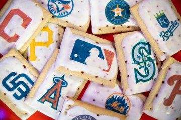 A pile of Pop Tarts, with MLB team logos printed on the icing of each