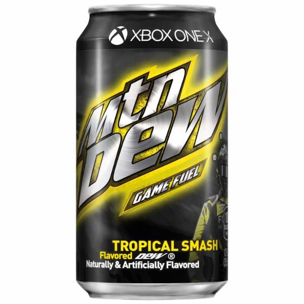 A black soda can with the XBOX One logo at the top, that reads "Mtn Dew Game Fuel Tropical Smash" in yellow and silver lettering, and the image of a racecar driver