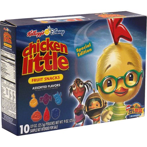 A dark blue box, with characters from the Disney film "Chicken Little," and fruit snacks shaped like their faces