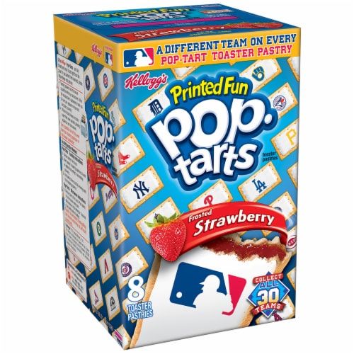 A Pop Tarts box, with a series of small pop tarts in the background, each with an MLB team logo. In the foreground, a Pop Tart with the MLB logo is bitten open at the top, displaying the strawberry filling 