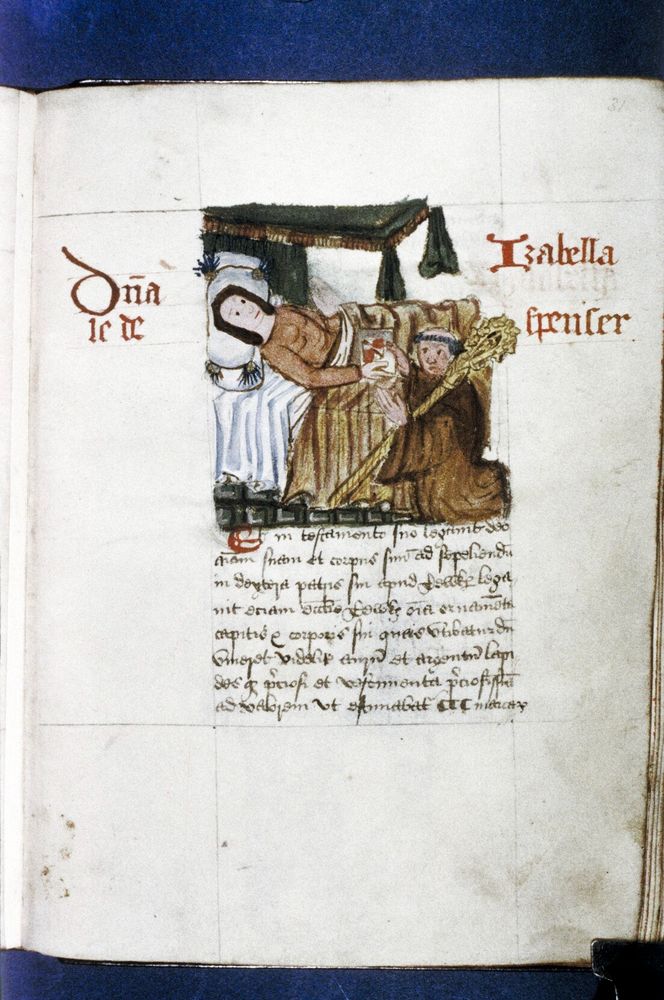 Manuscript illustration depicting Isabel Despenser, Countess of Warwick, on her deathbed. She is lying down in a bed with a green canopy above her. She is wearing a brown dress and a black English gable hood. Beside the bed, a monk kneels and holds out a Bible to her.