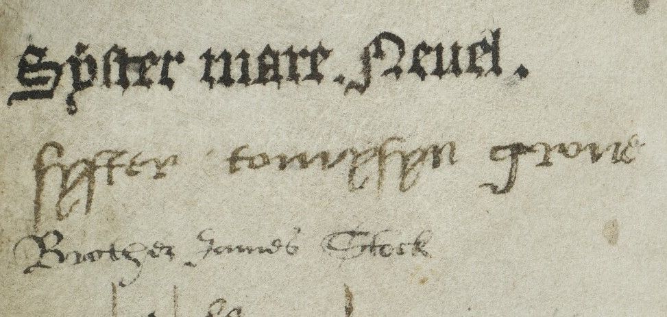 Inscription on SJC MS 167, f. ii r. The top line reads "Syster Mare Nevel". Below this is the inscription "Syster tomysyn grove". The final line reads "Brother James Stock".
